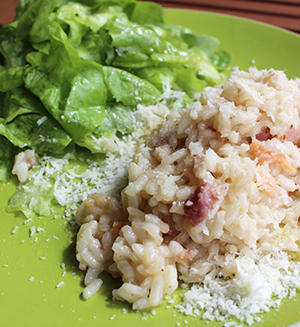 Risotto aux lardons fumés et lardons de saumon fumé