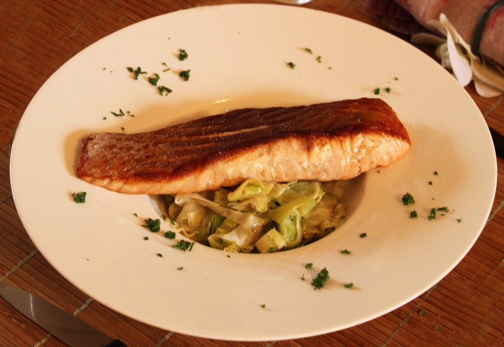 Fondue de poireaux sur pavé de saumon