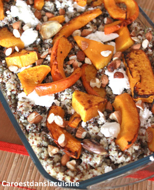 Courge butternut rôtie, quinoa, lentilles et chèvre frais