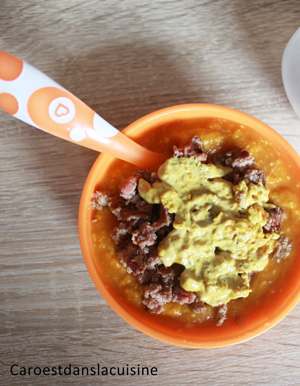 Purée de patate douce, butternut, carottes et boeuf au curry – dès 8 mois